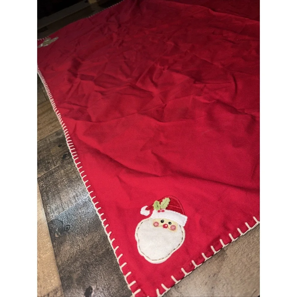 Vtg Christmas Cotton Tablecloth Topper 39x39 Red Applique Santa Snowman Tree